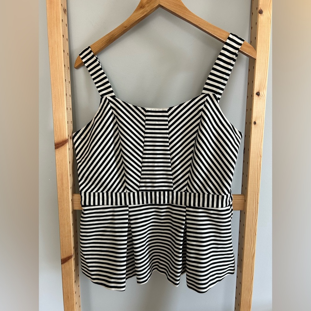 C Wonder Black and White Striped Sleeveless Top with Pleated Peplum Size L